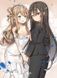  2girls :d bad_id bad_pixiv_id black_jacket black_pants blue_eyes blush breasts brown_background brown_eyes brown_hair cleavage closed_mouth commentary dress earrings english_commentary eye_contact formal girls&#039;_frontline glint goyain hair_between_eyes hair_ornament heterochromia highres holding_hands jacket jewelry long_hair looking_at_another m1014_(girls&#039;_frontline) medium_breasts multiple_girls official_alternate_costume one_side_up open_mouth pant_suit pants red_eyes ringlets smile strapless strapless_dress suit suomi_(blissful_mission)_(girls&#039;_frontline) suomi_(girls&#039;_frontline) tiara very_long_hair wedding_dress white_dress wife_and_wife x_hair_ornament yuri 