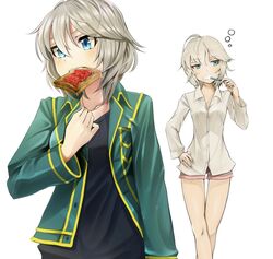  anastasia_(idolmaster) black_shirt blue_eyes brown_shorts collarbone commentary dress_shirt female green_jacket grey_hair hair_between_eyes hand_on_own_hip idolmaster idolmaster_cinderella_girls jacket jewelry kinpun_(fgxdw447) mouth_hold necklace open_clothes open_jacket shirt short_hair short_shorts shorts standing thigh_gap toothbrush_in_mouth white_shirt 