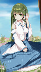  absurdres anhao bare_shoulders blue_sky breasts cloud cloudy_sky collarbone commentary_request day detached_sleeves eyebrows female fingernails flower frilled_skirt frills frog_hair_ornament grass green_eyes green_hair hair_ornament hair_tubes hand_to_head hand_up highres kochiya_sanae large_breasts long_fingernails long_hair long_skirt long_sleeves looking_at_viewer outdoors photoshop_(medium) plant shirt sitting skirt skirt_set sky sleeves_past_wrists snake_hair_ornament solo touhou white_shirt wide_sleeves 