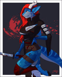  2016 5_fingers anthro bandage blood blue_body blue_skin bodily_fluids clothed clothing cut_(disambiguation) ear_piercing eyebrows female feralise fingers fish fishnet_clothing fishnet_legwear fully_clothed hair hand_on_hip holding_object hooves horn hybrid kasumi_(nayami) katana legwear looking_aside marine melee_weapon piercing red_eyes red_hair scar shark side_view snout solo standing sword torn_clothing weapon wounded 