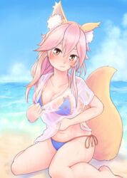  :3 absurdres animal_ears bad_id bad_pixiv_id bikini blue_bikini blush breasts cleavage collarbone fate/extra fate/grand_order fate_(series) female fox_ears fox_tail harupippo highres large_breasts looking_at_viewer navel ocean outdoors pink_hair see-through sitting solo sweat swimsuit tail tamamo_(fate) tamamo_no_mae_(fate/extra) yellow_eyes 