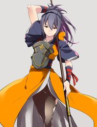  armor ataka_takeru bad_id bad_twitter_id blue_hair closed_mouth commentary_request female fire_emblem fire_emblem_fates grey_background hairband japanese_clothes long_hair oboro_(fire_emblem) polearm short_sleeves simple_background smile solo weapon 