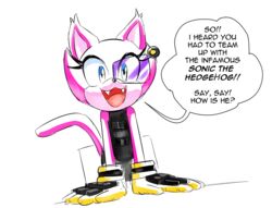  anthro blue_eyes cat_smile clothing custom_character_(sonic_forces) cute_fangs domestic_cat drawloverlala english_text eyelashes eyewear fangs felid feline felis female fuchsia_the_cat fur gloves handwear mammal open_:3 open_mouth open_smile pink_body pink_fur scouter sega simple_background smile snaggle_tooth solo sonic_forces sonic_the_hedgehog_(series) teeth text 