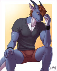  5_fingers anthro biped blue_body blue_skin bottomwear brown_hair clothed clothing dragon feralise fingers fully_clothed hair horn male markings multicolored_body multicolored_skin muscular muscular_anthro muscular_male mythological_creature mythological_scalie mythology orange_eyes relaxing scalie shirt shorts simple_background sitting smile snout solo tail tan_background topwear two_tone_body two_tone_skin white_body white_skin 