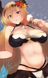  bikini blonde_hair breasts commentary dark_angel_olivia female flower food hair_flower hair_ornament highres horns ice_cream ice_cream_cone kojima_(blue_stardust) large_breasts long_hair olivia_(summer)_(granblue_fantasy) shingeki_no_bahamut solo swimsuit tongue tongue_out 