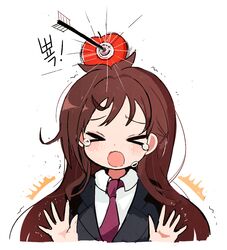  &gt;_&lt; &gt;o&lt; apple apple_on_head arrow_(projectile) arrow_through_apple bad_id bad_pixiv_id black_jacket blazer blush brown_hair closed_eyes collared_shirt commentary female food food_on_head fruit hands_up idolmaster idolmaster_cinderella_girls jacket long_hair motion_lines necktie object_on_head open_mouth seu_9_(banya) shirt sidelocks simple_background solo target tears trembling tsujino_akari white_background william_tell_(legend) 