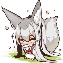  absurdly_long_hair animal_ear_fluff animal_ears barefoot blowing_nose blush chibi closed_eyes commentary_request facing_viewer female fox_ears fox_girl fox_tail full_body grey_hair hair_between_eyes hay_fever high_ponytail holding japanese_clothes kimono long_hair long_sleeves nose_blush obi original pollen ponytail sash solo standing tail tail_raised very_long_hair white_background white_kimono wide_sleeves yuuji_(yukimimi) 