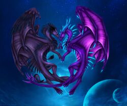  6:5 ambiguous_gender claws detailed detailed_background detailed_scales dragon duo feral hi_res horn membrane_(anatomy) membranous_wings mythological_creature mythological_scalie mythology planet purple_body purple_scales ridged_horn scales scalie selianth spines tail wings 