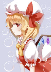  absurdres anhao ascot blonde_hair bubble closed_mouth collared_shirt commentary_request dress dress_shirt eyebrows eyelashes female flandre_scarlet frilled_shirt_collar frills from_side hair_ribbon hat hat_ribbon highres looking_at_viewer mob_cap photoshop_(medium) puffy_short_sleeves puffy_sleeves red_dress red_eyes ribbon sash shirt short_hair short_sleeves side_ponytail sleeveless sleeveless_dress solo touhou tress_ribbon upper_body white_shirt wing_collar wings yellow_ribbon 