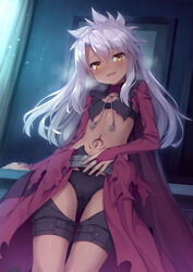  black_panties blush breasts breath chloe_von_einzbern commentary_request dark-skinned_female dark_skin fate/kaleid_liner_prisma_illya fate_(series) female highres long_hair long_sleeves looking_at_viewer navel open_mouth panties photoshop_(medium) pink_hair showgirl_skirt small_breasts smile solo sweat tattoo tomifumi underwear yellow_eyes 