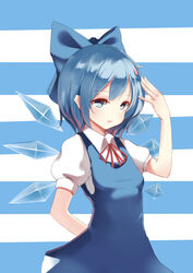  absurdres anhao arm_behind_back blue_bow blue_dress blue_eyes blue_hair bow breasts cirno collared_shirt commentary_request cowboy_shot dress eyebrows female hairbow hand_to_head highres looking_at_viewer open_mouth petals photoshop_(medium) puffy_short_sleeves puffy_sleeves red_ribbon ribbon shirt short_hair short_sleeves sleeveless sleeveless_dress small_breasts solo striped striped_background touhou 