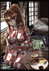  alternate_costume blush breasts brown_hair closed_mouth commentary_request feline female flower food hair_between_eyes hair_flower hair_ornament highres indoors japanese_clothes kantai_collection kimono large_breasts long_hair noodles ponytail purple_eyes seitei_(04seitei) sitting soumen yamato_(kancolle) yukata 