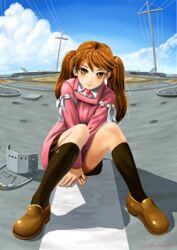  abazu-red aircraft_carrier anchor_symbol black_socks blue_sky brown_eyes brown_hair cloud cloudy_sky commentary_request day female flight_deck full_body highres historical_name_connection japanese_clothes kantai_collection kariginu long_hair long_sleeves looking_at_viewer magatama military military_vehicle name_connection object_namesake outdoors pleated_skirt ryuujou_(aircraft_carrier) ryuujou_(kancolle) ship shoes sitting skirt sky smile socks solo twintails unworn_headwear vehicle_and_personification visor_cap warship watercraft 