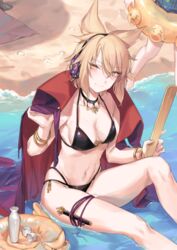  2girls absurdres alcohol bare_arms bare_shoulders barefoot bikini black_bikini black_choker blonde_hair blush bracelet breasts cape choker cleavage collarbone commentary_request cup earmuffs emoji feet_out_of_frame fingernails footprints groin hair_between_eyes halterneck hand_up hata_no_kokoro high_collar highleg highleg_bikini highres holding innertube jewelry knee_up knife leg_ribbon long_legs looking_at_viewer medium_breasts multiple_girls navel pointy_hair purple_ribbon ribbon ritual_baton sake sand scabbard shadow shan sheath sheathed short_hair sitting skindentation standing stomach swim_ring swimsuit thigh_ribbon thighs tokkuri touhou toyosatomimi_no_miko water yellow_eyes 