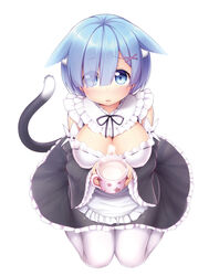  animal_ears blue_eyes blue_hair breasts cat_ears cat_tail cleavage commentary_request cup detached_sleeves female hair_ornament hair_over_one_eye hair_ribbon highres large_breasts looking_at_viewer maid maid_headdress milk nullken print_cup re:zero_kara_hajimeru_isekai_seikatsu rem_(re:zero) ribbon roswaal_mansion_maid_uniform short_hair solo star_(symbol) star_print tail white_legwear x_hair_ornament 