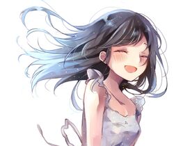  :d bad_id bad_pixiv_id bare_shoulders black_hair blush breasts closed_eyes collarbone commentary_request dress facing_viewer female floating_hair grey_dress long_hair naoton open_mouth original simple_background sleeveless sleeveless_dress small_breasts smile solo white_background 