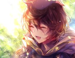  2boys armor brown_hair closed_eyes commentary_request granblue_fantasy headpat hood lucifer_(shingeki_no_bahamut) male_focus multiple_boys open_mouth out_of_frame rinko_(mg54) sandalphon_(granblue_fantasy) short_hair smile 