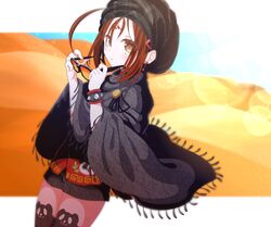  ahoge bracelet brown_eyes brown_hair chicken_curry cloak desert earrings facial_mark fate/grand_order fate_(series) female forehead_mark highres holding holding_removed_eyewear jewelry nezha_(fate) nezha_(traveling_outfit)_(fate) panda protected_link solo sun sunglasses thighhighs unworn_eyewear 