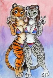  anthro bikini bisexual_pride_colors blonde_hair blue_eyes brown_hair clothing duo ear_piercing ear_ring felid female fur gesture green_eyes hair hand_gesture lgbt_pride long_hair looking_at_viewer mammal multicolored_bikini multicolored_clothing multicolored_swimwear navel orange_body orange_fur pantherine pattern_clothing piercing pride_color_bikini pride_color_clothing pride_color_swimwear pride_colors ring_piercing shiverz smile snow_leopard spots striped_clothing stripes swimwear tiger v_sign white_body white_fur 