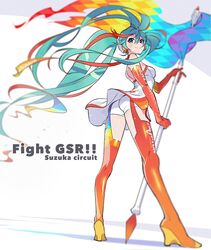  aqua_eyes aqua_hair ass boots closed_mouth commentary elbow_gloves female flag full_body gloves goodsmile_company goodsmile_racing hatsune_miku headphones headset holding holding_flag long_hair looking_at_viewer looking_back official_art orange_footwear orange_thighhighs race_queen racing_miku racing_miku_(2016) smile solo thigh_boots thighhighs twintails very_long_hair vocaloid yoneyama_mai 