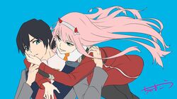  1boy absurdres black_hair black_legwear blue_eyes chama_kou commentary_request couple darling_in_the_franxx female green_eyes hand_on_another&#039;s_face highres hiro_(darling_in_the_franxx) holding_another&#039;s_arm horns hug hug_from_behind long_hair looking_at_another military military_uniform necktie oni_horns orange_neckwear pantyhose pink_hair red_neckwear short_hair signature straight uniform zero_two_(darling_in_the_franxx) 