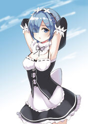  absurdres anhao apron arm_garter armpits arms_behind_back arms_up bad_id bad_pixiv_id black_bow blue_eyes blue_hair blue_sky blunt_bangs bow breasts cleavage cloud cloudy_sky cowboy_shot day detached_sleeves dress eyebrows eyes_visible_through_hair female frilled_dress frilled_skirt frilled_sleeves frills hair_ornament hair_over_one_eye highres looking_at_viewer maid maid_headdress medium_breasts open_mouth photoshop_(medium) re:zero_kara_hajimeru_isekai_seikatsu rem_(re:zero) ribbon-trimmed_clothes ribbon-trimmed_collar ribbon-trimmed_sleeves ribbon_trim roswaal_mansion_maid_uniform short_hair skirt sky solo underbust x_hair_ornament 