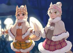  2girls alternate_costume animal_ears brown_eyes cat_(kemono_friends) cat_ears cat_tail cloak dog_(shiba_inu)_(kemono_friends) dog_ears dog_tail ears_through_headwear extra_ears fur_collar fur_trim hat holding_hands kemono_friends kemono_friends_festival light_brown_hair long_sleeves mittens multicolored_hair multiple_girls neck_ribbon plaid plaid_shorts plaid_skirt ribbon rumenia_(ao2is) short_hair shorts skirt sweater tail white_hair winter_clothes yellow_eyes 