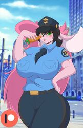  big_breasts big_ears black_hair black_nose breasts carrot clothing female floppy_ears food fur green_eyes hair hi_res huge_breasts lagomorph leporid long_ears long_hair mammal mastergodai multicolored_hair pink_body pink_fur pink_hair plant police police_officer rabbit rascals reiko_usagi solo two_tone_hair uniform vegetable 