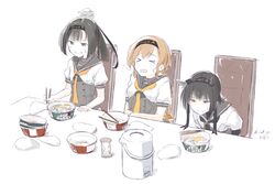  &gt;_&lt; 3girls :&gt; akizuki_(kancolle) black_eyes black_hair blush braid brown_hair chair chopsticks closed_eyes closed_mouth commentary_request dated egg food hatsuzuki_(kancolle) headband hourglass kantai_collection kawashina_(momen_silicon) leaning_forward long_hair multiple_girls neckerchief open_mouth ponytail sailor_collar short_hair short_sleeves sitting sweatdrop teruzuki_(kancolle) water_boiler white_background 