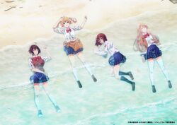  4girls amatani_mutsu beach blonde_hair blue_skirt bow bowtie brown_hair closed_eyes clothes_around_waist commentary_request copyright_name full_body hair_ornament hairclip highres kujou_shion loafers long_hair looking_at_viewer lying multiple_girls official_art on_back on_side onishima_homare partially_submerged pleated_skirt red_bow red_bowtie school_uniform shirt shoes short_hair skirt sleeves_rolled_up smile sounan_desuka? suzumori_asuka sweater_vest thighhighs twintails water wet wet_clothes white_legwear white_shirt 