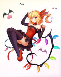  absurdres adapted_costume ass bare_shoulders bat_(animal) black_gloves black_panties black_thighhighs blonde_hair closed_mouth commentary detached_collar detached_sleeves dress female flandre_scarlet flower frilled_dress frills full_body gloves hair_ribbon heart high_heels highres looking_at_viewer nail_polish panties pantyshot red_dress red_eyes red_flower red_footwear red_ribbon red_rose ribbon rose shoes short_dress side_ponytail simple_background smile solo sonikey0_0 thighhighs touhou underwear upskirt wings 