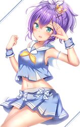  :d aqua_eyes armpits azur_lane bad_id bad_twitter_id bare_shoulders blue_shirt blue_skirt blush bow bowtie breasts commentary_request cowboy_shot crop_top crop_top_overhang crown female hair_between_eyes hair_ornament hair_ribbon hands_up highres javelin_(azur_lane) javelin_(let&#039;s_become_waitresses!)_(azur_lane) long_hair looking_at_viewer midriff mini_crown miniskirt navel official_alternate_costume open_mouth plaid plaid_bow pleated_skirt ponytail purple_hair ribbon sailor_collar school_uniform serafuku shirt sidelocks skirt sleeveless sleeveless_shirt small_breasts smile solo stomach thighs white_background white_bow white_sailor_collar wrist_cuffs x_hair_ornament yellow_bow yellow_bowtie yuano 