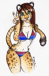  anthro bikini bisexual_pride_colors brown_hair clothing felid female fur gesture green_eyes hair hand_gesture leopard lgbt_pride long_hair looking_at_viewer mammal multicolored_bikini multicolored_clothing multicolored_swimwear navel pantherine pattern_clothing pride_color_bikini pride_color_clothing pride_color_swimwear pride_colors shiverz simple_background solo spots striped_clothing stripes swimwear tongue tongue_out v_sign white_background yellow_body yellow_fur 