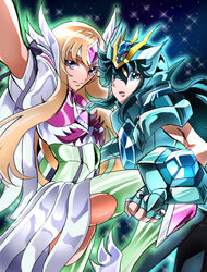  1boy aquila_yuna armor black_hair blonde_hair blue_eyes commentary_request dragon_ryuuhou eyebrows eyes_visible_through_hair female hair_between_eyes highres long_hair nittama pauldrons photoshop_(medium) saint_seiya saint_seiya_omega shoulder_armor 