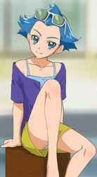  aqua_eyes bare_shoulders blue_hair collarbone eyewear_on_head female haruyama_kazunori jun_(mahou_girls_precure!) legs mahou_girls_precure! panties precure short_hair sitting solo sunglasses underwear 