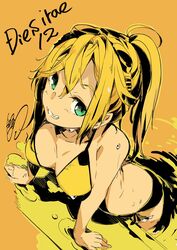  artist_name beatrice_waltrud_von_kircheisen bikini blonde_hair commentary_request dies_irae female g_yuusuke green_eyes grin highres looking_at_viewer shinza_bansho_series side-tie_bikini_bottom signature smile swimsuit wet yellow_theme 