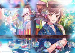  :d ahoge blue_kimono blunt_bangs blurry blurry_foreground braid brown_eyes brown_hair commentary_request day female festival fireworks_print floating_hair french_braid hair_ribbon hanekoto japanese_clothes kimono long_sleeves looking_at_viewer medium_hair open_mouth original osananajimi_(hanekoto) outdoors print_kimono red_ribbon ribbon smile solo twitter_username upper_body wide_sleeves wind wind_chime yukata 