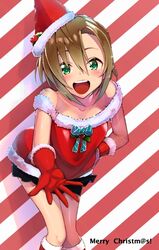  :d black_skirt boots breasts brown_hair christmas cleavage collarbone commentary_request female fur-trimmed_boots fur-trimmed_gloves fur-trimmed_headwear fur-trimmed_sweater fur_trim gloves green_eyes hair_between_eyes hand_in_pocket hat idolmaster idolmaster_cinderella_girls kinpun_(fgxdw447) knee_boots leaning_forward looking_at_viewer merry_christmas miniskirt open_mouth pleated_skirt red_footwear red_gloves red_hat red_vest shiny_skin short_hair skirt small_breasts smile solo standing striped striped_background sweater tada_riina vest 