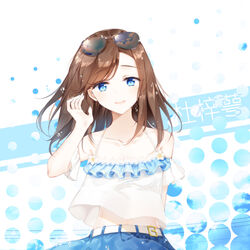  3000_xiao_chun absurdres blue_eyes brown_hair collarbone commentary_request eyewear_on_head female highres long_hair original photoshop_(medium) smile solo sunglasses 