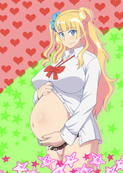  blonde_hair blue_eyes blush breasts commentary_request female galko gyaru hair_ornament hair_ribbon heart heart_background highres large_breasts long_hair looking_at_viewer minpei_ichigo navel open_clothes open_shirt oshiete!_galko-chan panties pink_panties pregnant ribbon smile solo star_(symbol) starry_background underwear 