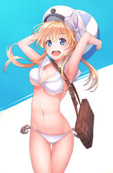  anchor armpits arms_up bag ball beachball bikini blonde_hair blue_eyes breasts cosplay cowboy_shot hat highres iron_cross kantai_collection konnyaku_(kk-monmon) long_hair low_twintails medium_breasts navel open_mouth prinz_eugen_(kantai_collection) sailor_bikini sailor_collar sailor_hat satchel shiny shiny_skin solo swimsuit thigh_gap twintails white_bikini white_hat z3_max_schultz_(kantai_collection) z3_max_schultz_(kantai_collection)_(cosplay) 