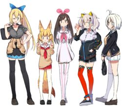  .live 5girls animal_ears antenna_hair bad_id bad_pixiv_id bag black_footwear black_jacket black_shirt black_skirt black_thighhighs blazer blonde_hair blue_eyes blue_ribbon boots breasts brown_cardigan brown_footwear brown_hair brown_sweater cardigan cardigan_around_waist claw_pose clothes_around_waist collarbone collared_shirt crossover dennou_shoujo_siro double_v dress dress_shirt fox_ears fox_girl fox_tail full_body grey_hair grin hair_between_eyes hair_ornament hair_ribbon hairband hairclip hand_in_pocket hand_on_own_hip hands_up high_ponytail holding holding_bag jacket kaguya_luna kei_(soundcross) kemomimi_oukoku_kokuei_housou kizuna_ai kizuna_ai_inc. kneehighs lineup loafers long_hair long_sleeves medium_breasts mikoko_(kemomimi_oukoku_kokuei_housou) mirai_akari mirai_akari_project multicolored_hair multiple_crossover multiple_girls neckerchief open_clothes open_jacket pink_hair pink_hairband pink_neckerchief pleated_dress pleated_skirt ponytail red_legwear red_neckerchief red_skirt ribbon ribbon-trimmed_legwear ribbon_trim sailor_collar school_bag shirt shoes short_sleeves skirt sleeves_past_wrists smile socks standing streaked_hair sweater sweater_around_waist tail the_moon_studio thighhighs twintails v v-shaped_eyebrows very_long_hair virtual_youtuber virtual_youtuber_shiten&#039;nou white_background white_dress white_hair white_sailor_collar white_shirt white_skirt white_socks white_thighhighs 