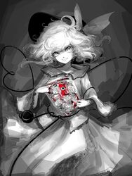  blood bow commentary_request eyeball female flower frills hat hat_bow hat_ribbon heart heart_of_string komeiji_koishi long_sleeves looking_at_viewer monochrome naozi open_clothes open_shirt ribbon rose shirt short_hair simple_background skirt smile solo spot_color third_eye touhou wide_sleeves 