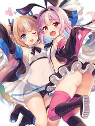  2girls :d ;p arm_up ass azur_lane bare_shoulders belt belt_buckle black_footwear black_hairband black_jacket black_ribbon black_shorts black_skirt blonde_hair blue_belt blue_eyes blue_hair blue_socks blush boots buckle closed_mouth commentary_request crop_top cross-laced_footwear fangs hair_ornament hair_ribbon hairband has_bad_revision has_downscaled_revision heart hobby_(azur_lane) ichigo_seika jacket kalk_(azur_lane) knee_boots kneehighs lace-up_boots long_hair long_sleeves md5_mismatch midriff multicolored_hair multiple_girls navel oerba_yun_fang off_shoulder one_eye_closed open_clothes open_jacket open_mouth pink_hair pink_thighhighs pleated_skirt red_eyes resolution_mismatch ribbon see-through shirt short_shorts shorts simple_background skirt sleeveless sleeveless_shirt sleeves_past_fingers sleeves_past_wrists smile socks source_smaller streaked_hair thighhighs thighhighs_under_boots tongue tongue_out two-tone_hair two_side_up very_long_hair white_background white_hair white_shirt wide_sleeves 