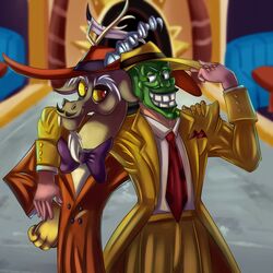  1:1 2016 chimera clothed clothing crossover discord_(mlp) draconequus duo friendship_is_magic hasbro hat headgear headwear hi_res human male mammal my_little_pony smile suit teeth the_mask the_mask_(character) thediscorded 