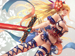  bare_shoulders bikini black_thighhighs blonde_hair bow breasts cleavage collarbone commentary_request empty_eyes female flower granblue_fantasy groin hair_between_eyes hairbow hibiscus highres holding holding_sword holding_weapon large_breasts long_hair navel official_alternate_costume open_mouth red_bow red_eyes sidelocks signo_aaa solo swimsuit sword thighhighs vira_(granblue_fantasy) vira_(summer)_(granblue_fantasy) weapon white_bikini 