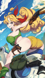  2boys ass banknote breasts cloud crop_top curly_hair dollar_bill dragon_ball dragon_ball_(classic) driving female firing flying_nimbus green_socks green_tank_top grin gun hairband highres holster kuririn large_breasts long_hair looking_back lunch_(bad)_(dragon_ball) lunch_(dragon_ball) money motor_vehicle motorcycle mountain multiple_boys red_hairband revision rodway scouter short_shorts shorts sky smile socks solo_focus son_goku tank_top thigh_holster weapon yellow_shorts 