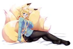  amino_dopple animal_ear_fluff animal_ears arm_support ass bad_id bad_pixiv_id bed_sheet black_pantyhose blonde_hair blue_eyes blunt_bangs blush breasts commentary_request female fox_ears fox_girl fox_tail glasses honami_mikura_(amino_dopple) large_breasts long_hair looking_at_viewer multiple_tails open_mouth original pantyhose red-framed_eyewear ribbed_sweater sitting smile solo sweater tail 