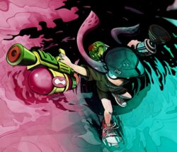  aqua_eyes baseball_cap black_footwear black_shirt commentary_request dual_wielding female foreshortening from_above hat holding houten_(dre_a_mer) ink_tank_(splatoon) inkling inkling_girl inkling_player_character looking_at_viewer pink_hair red_footwear serious shirt shoes short_sleeves sneakers solo splatoon_(series) splatoon_1 splattershot_(splatoon) standing suction_bomb_(splatoon) 