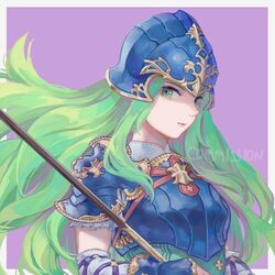  armor blue_armor blue_eyes blush breastplate commentary_request commission female fire_emblem fire_emblem:_path_of_radiance gloves green_eyes green_hair helmet long_hair nephenee_(fire_emblem) polearm rheamii smile solo spear weapon 